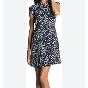Rebecca Taylor Mini Dress Blue Lynx Leopard Print Size 0 Cap Sleeve‎ Sheath $375